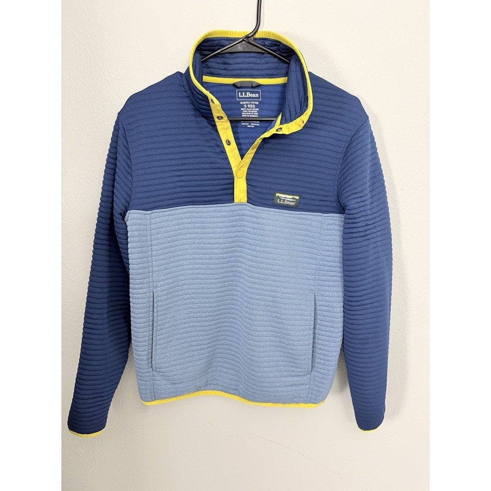 L.L.Bean Mens S Slightly Fitted Snap Pullover Fleece Blue Yellow Mock